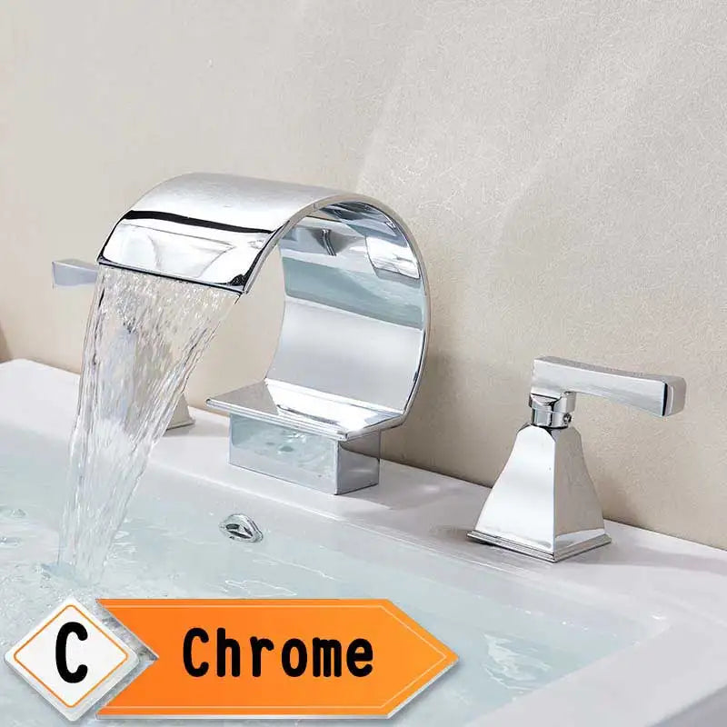 Bright Golden Waterfall Basin Faucet Dual Cristal Handle Widespread Bathroom Sink Mixer Tap Deck Mounted Bathtub Mixers Crane