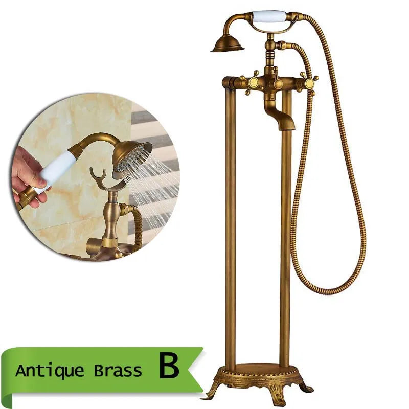 Antique Brass Floor Mounted Tub Sink Faucet Dual Handle Bathroom Bath Shower Set Freestanding Bathtub Mixer Tap with Handshower