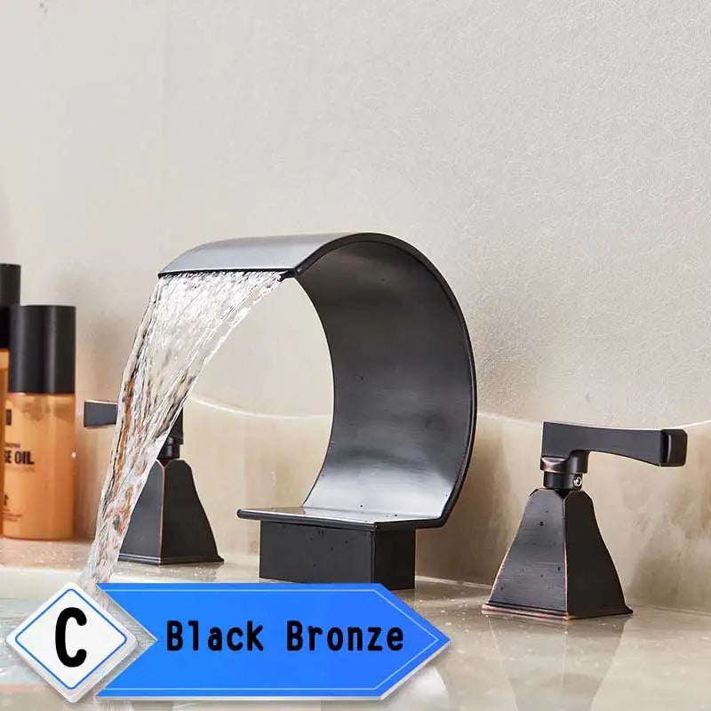 Bright Golden Waterfall Basin Faucet Dual Cristal Handle Widespread Bathroom Sink Mixer Tap Deck Mounted Bathtub Mixers Crane