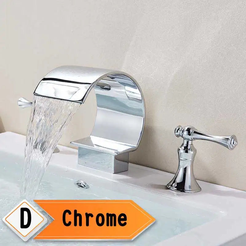 Bright Golden Waterfall Basin Faucet Dual Cristal Handle Widespread Bathroom Sink Mixer Tap Deck Mounted Bathtub Mixers Crane