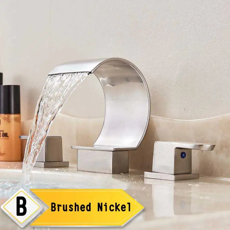 Bright Golden Waterfall Basin Faucet Dual Cristal Handle Widespread Bathroom Sink Mixer Tap Deck Mounted Bathtub Mixers Crane