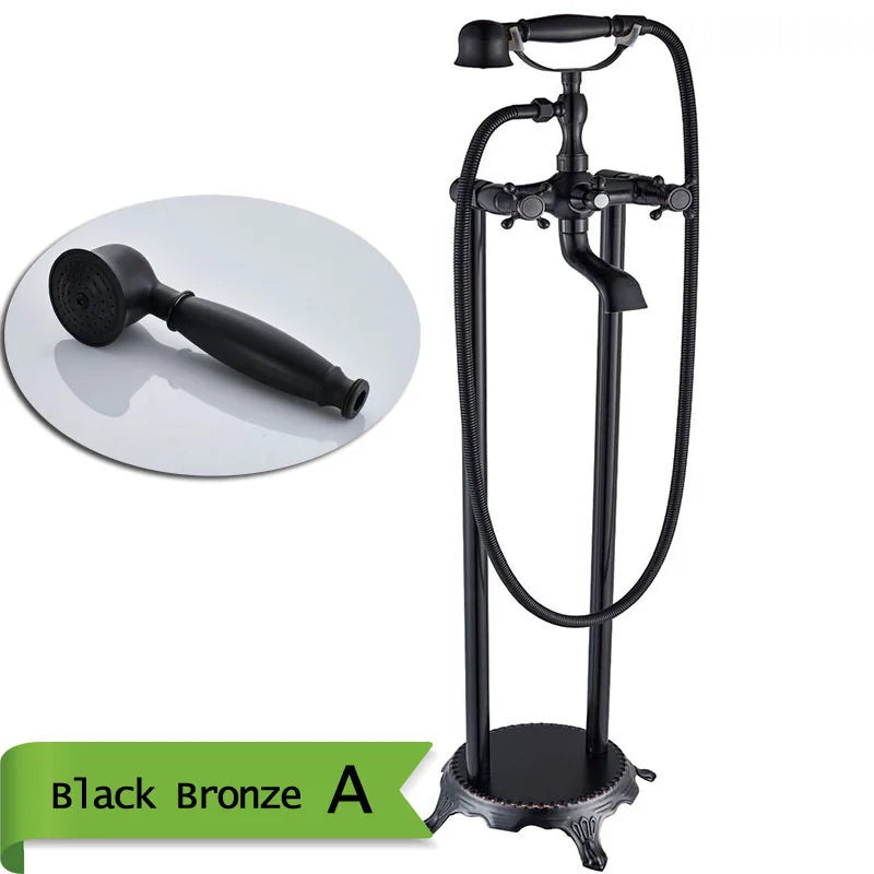Antique Brass Floor Mounted Tub Sink Faucet Dual Handle Bathroom Bath Shower Set Freestanding Bathtub Mixer Tap with Handshower