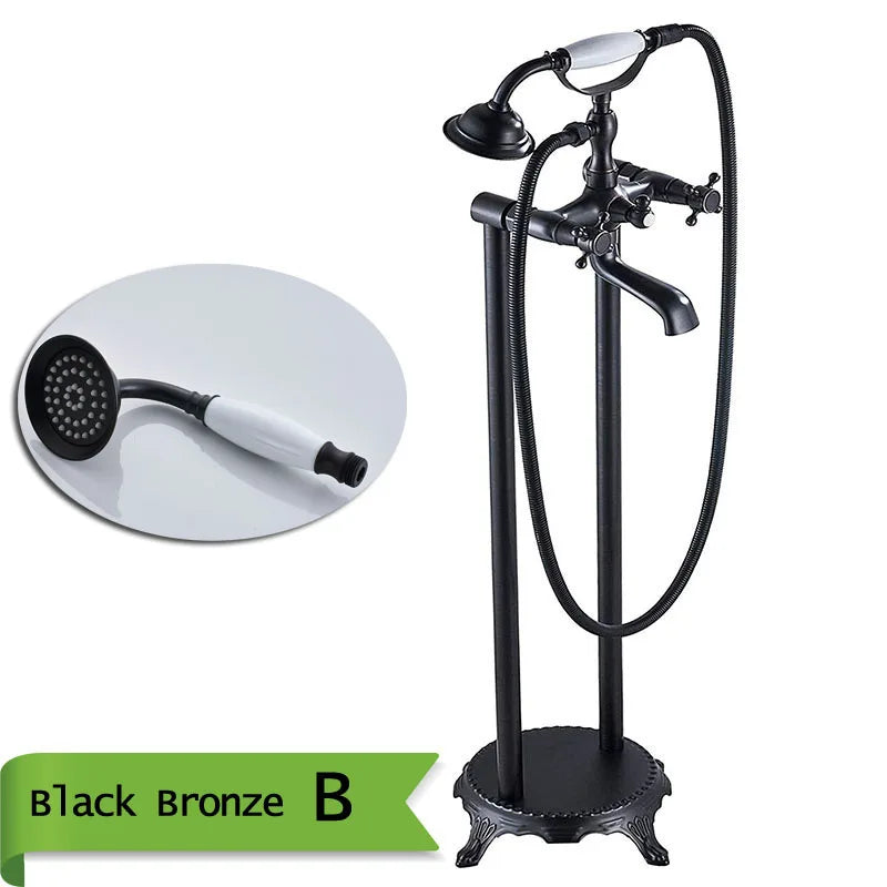 Antique Brass Floor Mounted Tub Sink Faucet Dual Handle Bathroom Bath Shower Set Freestanding Bathtub Mixer Tap with Handshower