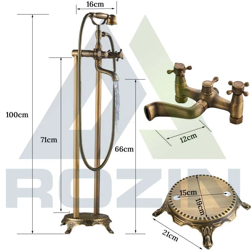 Antique Brass Floor Mounted Tub Sink Faucet Dual Handle Bathroom Bath Shower Set Freestanding Bathtub Mixer Tap with Handshower