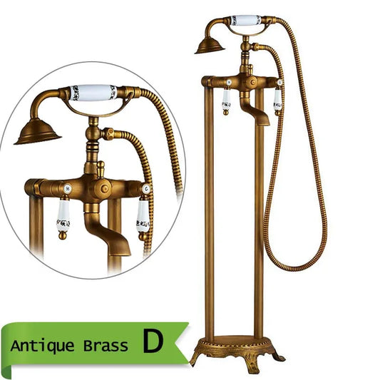 Antique Brass Floor Mounted Tub Sink Faucet Dual Handle Bathroom Bath Shower Set Freestanding Bathtub Mixer Tap with Handshower