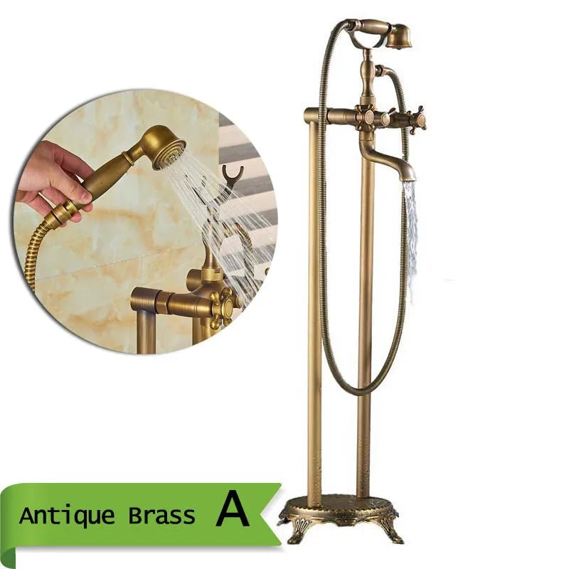 Antique Brass Floor Mounted Tub Sink Faucet Dual Handle Bathroom Bath Shower Set Freestanding Bathtub Mixer Tap with Handshower