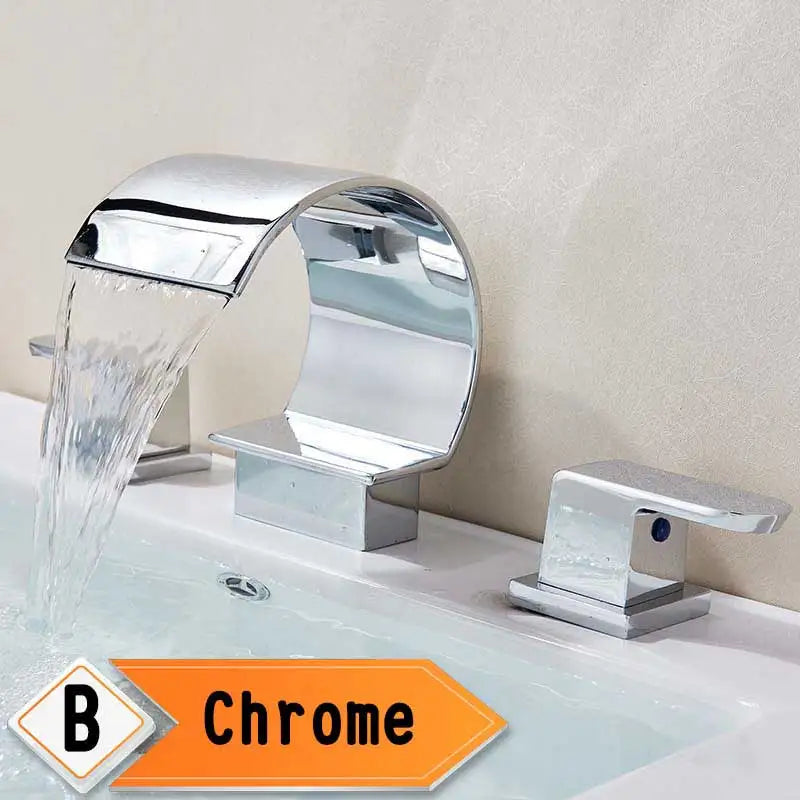 Bright Golden Waterfall Basin Faucet Dual Cristal Handle Widespread Bathroom Sink Mixer Tap Deck Mounted Bathtub Mixers Crane
