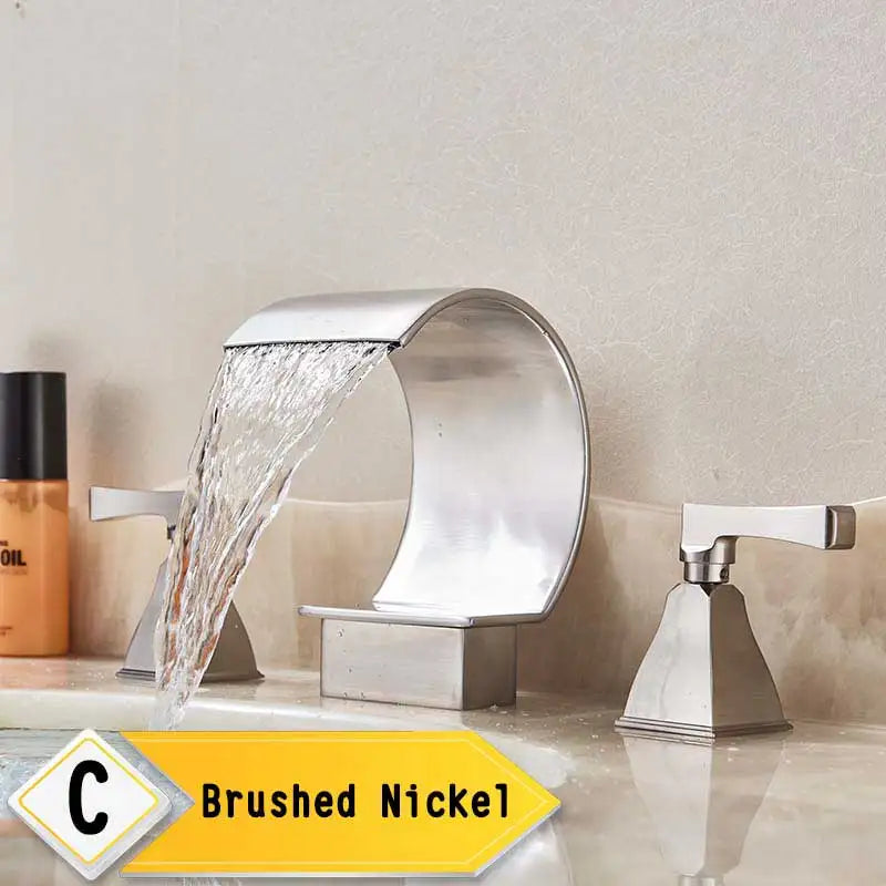 Bright Golden Waterfall Basin Faucet Dual Cristal Handle Widespread Bathroom Sink Mixer Tap Deck Mounted Bathtub Mixers Crane