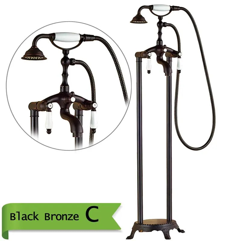 Antique Brass Floor Mounted Tub Sink Faucet Dual Handle Bathroom Bath Shower Set Freestanding Bathtub Mixer Tap with Handshower