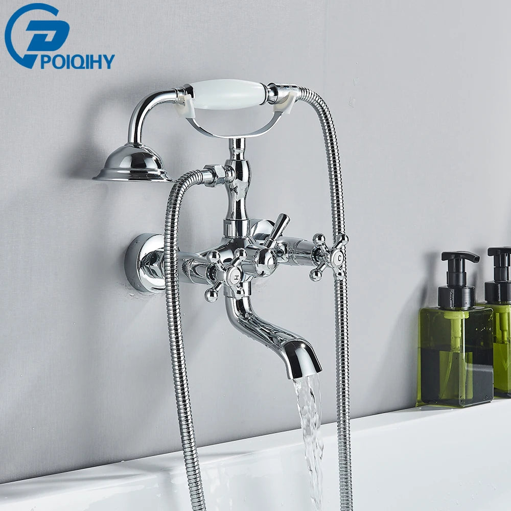 Golden Bath Shower Faucet Set Wall Mounted Swan Bathtub Faucet Bathroom Cold and Hot Bath and Shower Mixer Tap Brass Handshower