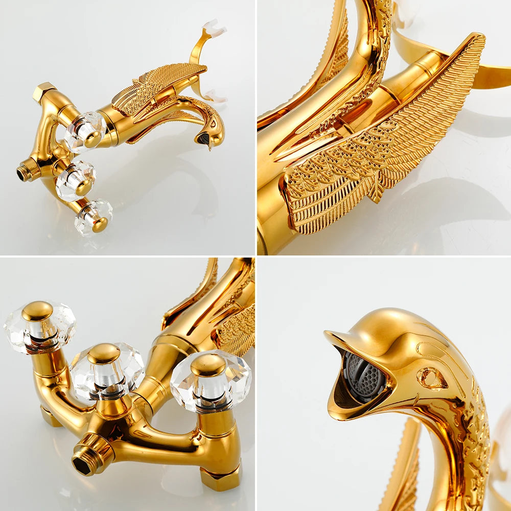 Golden Bath Shower Faucet Set Wall Mounted Swan Bathtub Faucet Bathroom Cold and Hot Bath and Shower Mixer Tap Brass Handshower