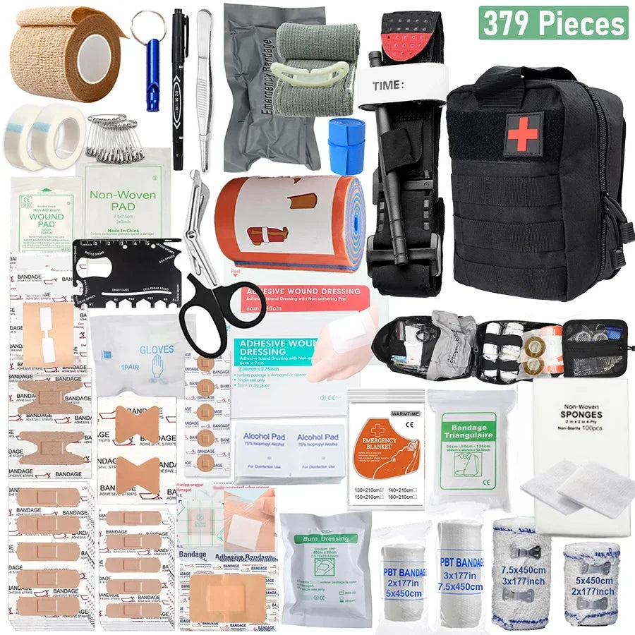 379pcs Home Office First Aid Kit Portable Emergency Bag, Red Survival Carry-On for Outdoor Activities, Camping, Hunting, Hiking
