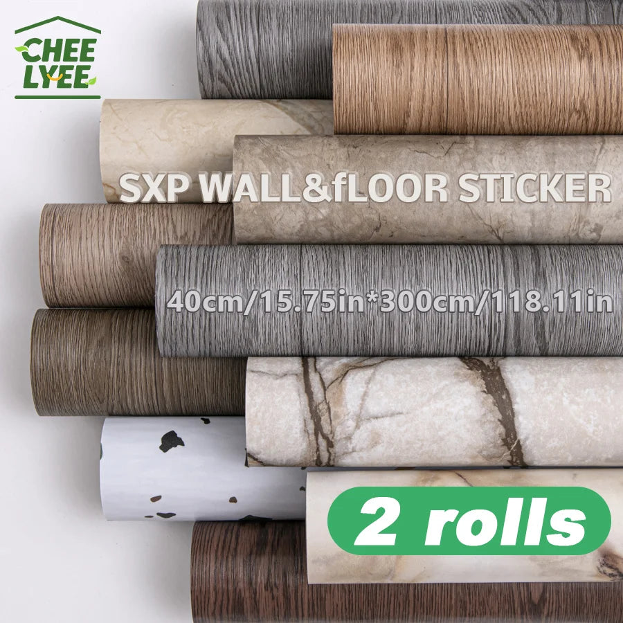 2 Rolls Self-Adhesive Wall and Floor Sticker Peel and Stick 15.75x118.11inch Wood Grain and Marble Design Wallpaper Sticker