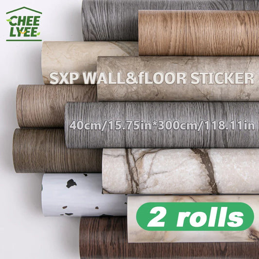 2 Rolls Self-Adhesive Wall and Floor Sticker Peel and Stick 15.75x118.11inch Wood Grain and Marble Design Wallpaper Sticker