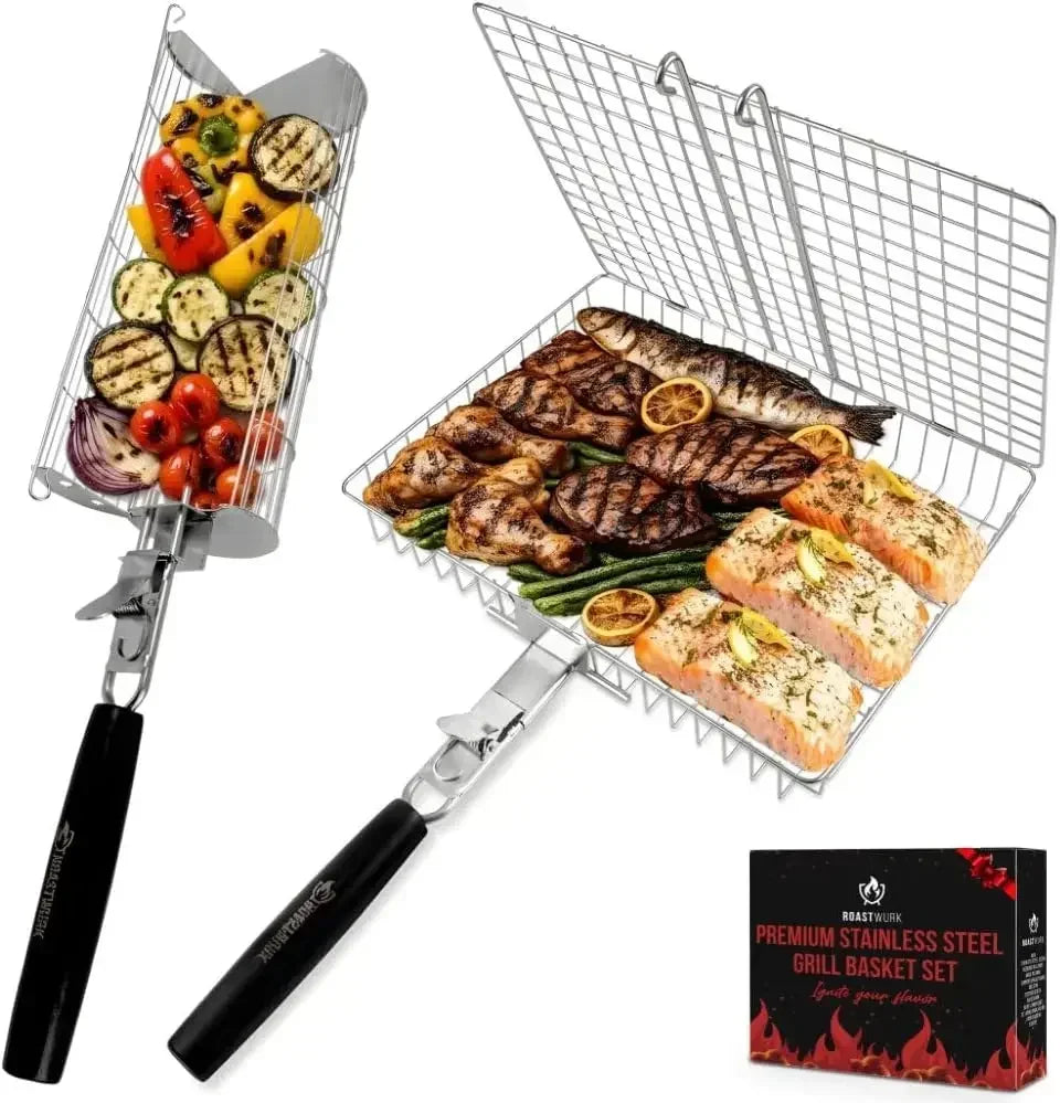 2-in-1 BBQ Grill Basket Set - Stainless Steel 304 for Meat, Fish, Vegetables - Removable Wooden Handle, Outdoor Camping & Tailgating