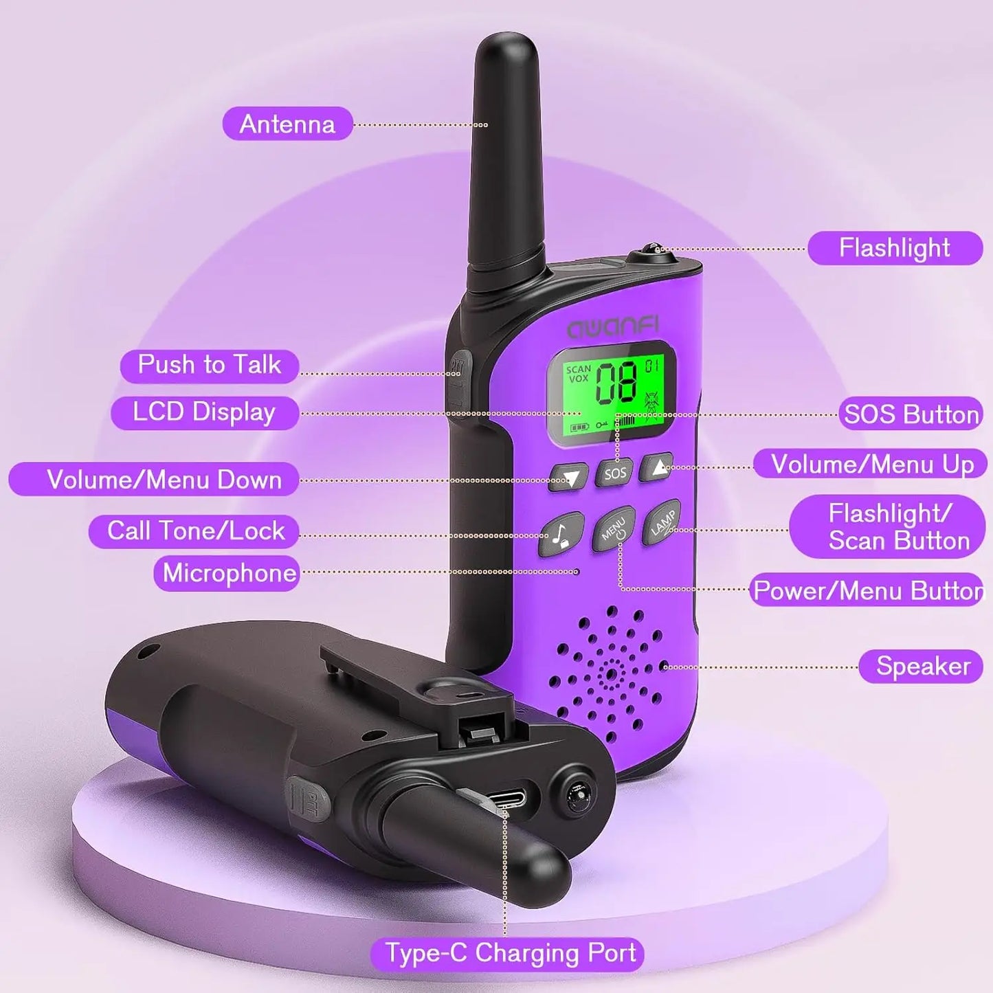 AWANFI Kids Walkie Talkies Rechargeable  2/3/4 Packs Long Range FRS, 22 Channels, VOX, 1000mAh Li-ion Battery for Camping Hiking