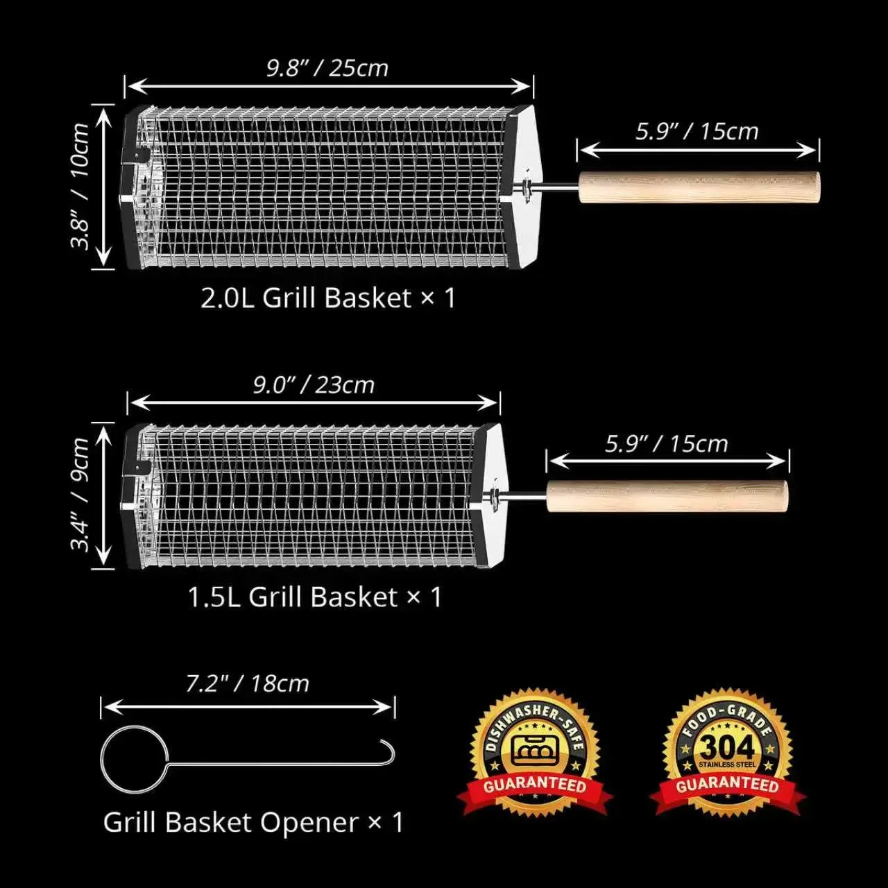 ivtivfu Rolling Grill Baskets 2PCS with Removable Wooden Handles Nesting Design 304 Stainless Steel BBQ Accessories for Vegetables Shrimp Outdoor Camping Kitchen Birthday Gifts for Men Dad Husband - Food