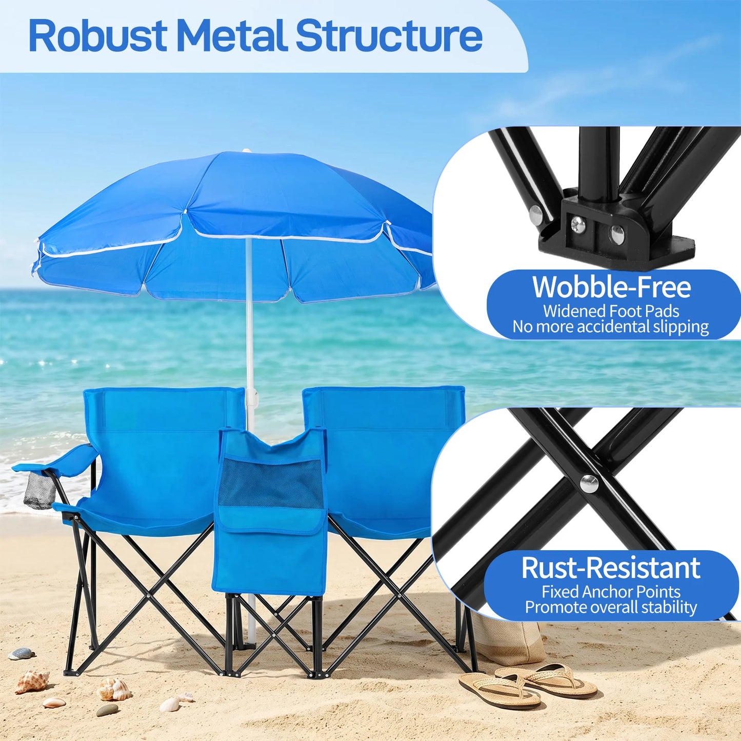 55.91"*19.69"*31.50"Double Folding Beach Chair with Removable Adjustable Umbrella, 2-Person XL Camping Chair with Cooler Bag, Cup Holders, Side Pocket, Heavy Duty 529 lbs Load, Oxford Cloth Iron Frame for Outdoor, Beach, Camp