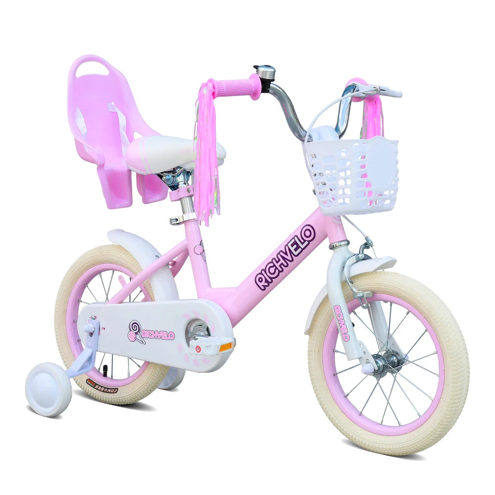 Kids Bike for Girls 12 14 16 Inch with Training Wheels, Adjustable Seat, Front Basket, Doll Seat & Colorful Streamers, Toddler Bicycle for 2-7 Years Old, Red Kids' Bikes for Birthday Gift