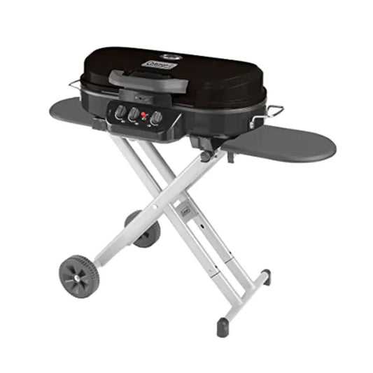RoadTrip 285 Portable Stand-Up Propane Grill for outdoor cooking, camping, tailgating; stainless steel, black; 3 adjustable bur