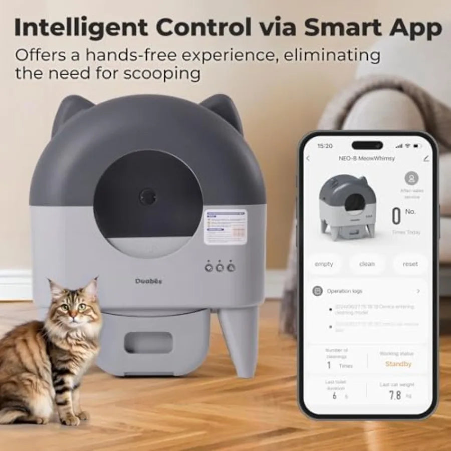 Extra Large Automatic Litter Box for Multiple Cats with Smart APP Control Low Noise Safety Sensors Anti-Track Mat Odor-Free Gra