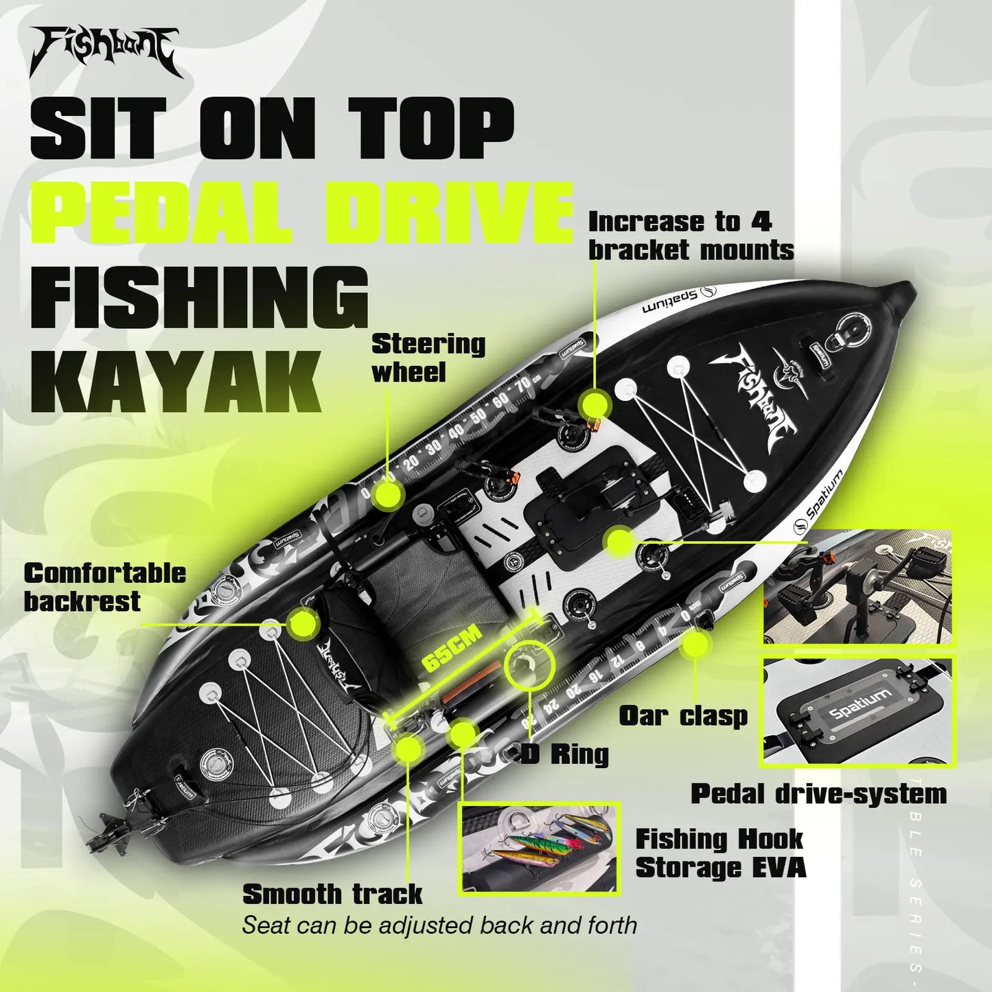 Spatium Fishing Kayak Boat Pedal Drive Sit on Top Pedal Drive Kayak Power System Orientation System, 11'*48"*6",Capacity 660LBS