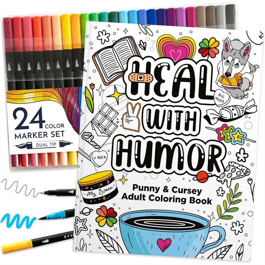 Adult Coloring Book Set with 24 Dual-Tip Markers for Relaxation, Funny Self-Care Gifts for Women, Motivational Swear Word