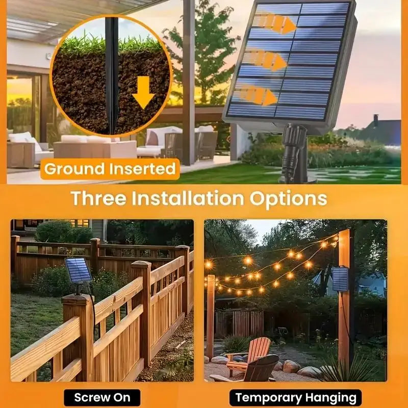 Solar Rechargeable Outdoor LED String Lights, 32 Feet Commercial Grade, 25+2 Edison Bulbs Adjustable Ambient Lights