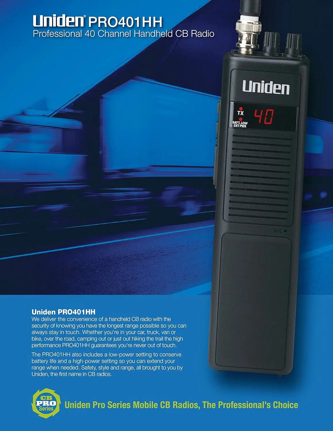 40-Channel Handheld CB Radio with 4W Power, Noise Cancellation, Belt Clip & Strap Included