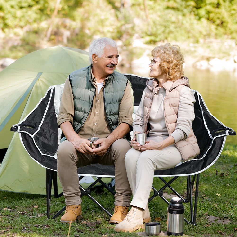 Double Camping Chair Folding Loveseat Chair with Cup Holder and Carry Bag Portable Camping Bench Padded Lawn Chairs for Adults
