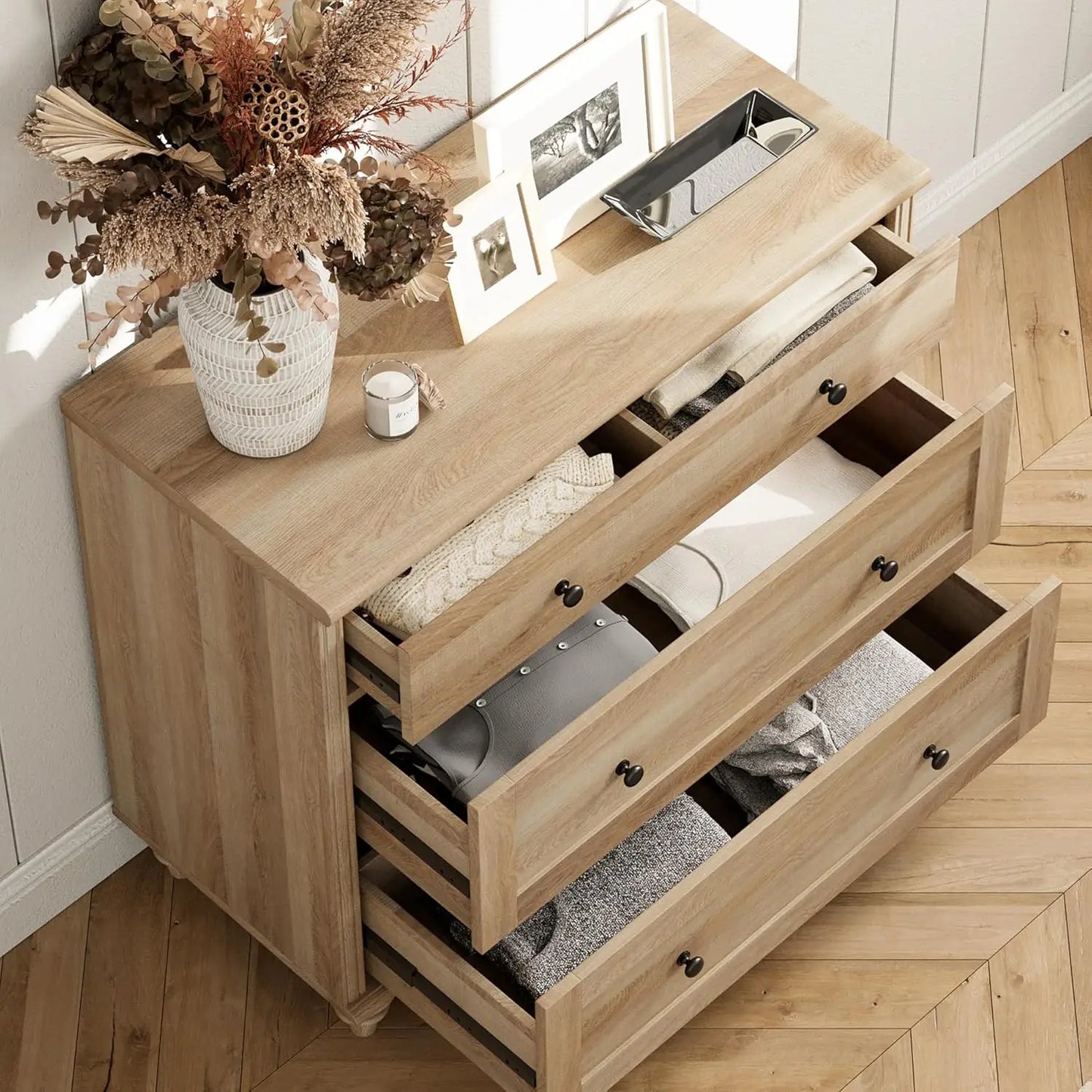 Sideboard Cabinet with 5 Drawers and 4 Doors, Vintage Wood Grain Design, Buffet Cabinet with Storage, Coffee Bar, Customized