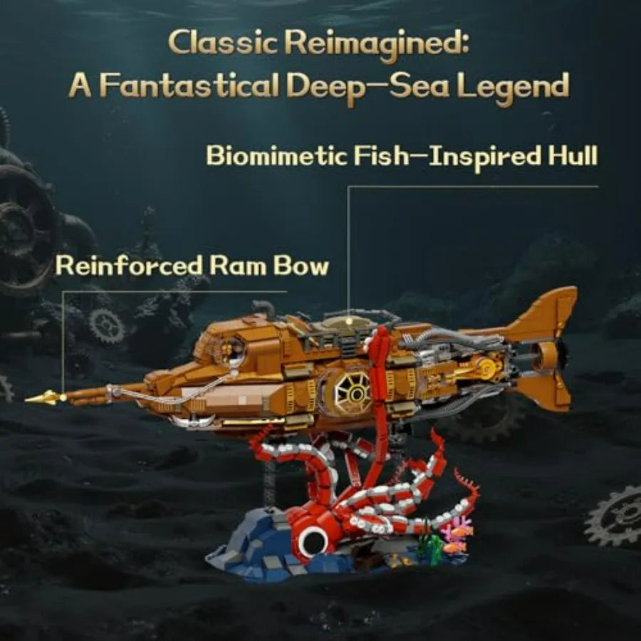 Steampunk Nautilus Submarine Building Set Modular 3-Section Design with Gear-Linked Propeller Mini Boat Undersea Adventure Scen