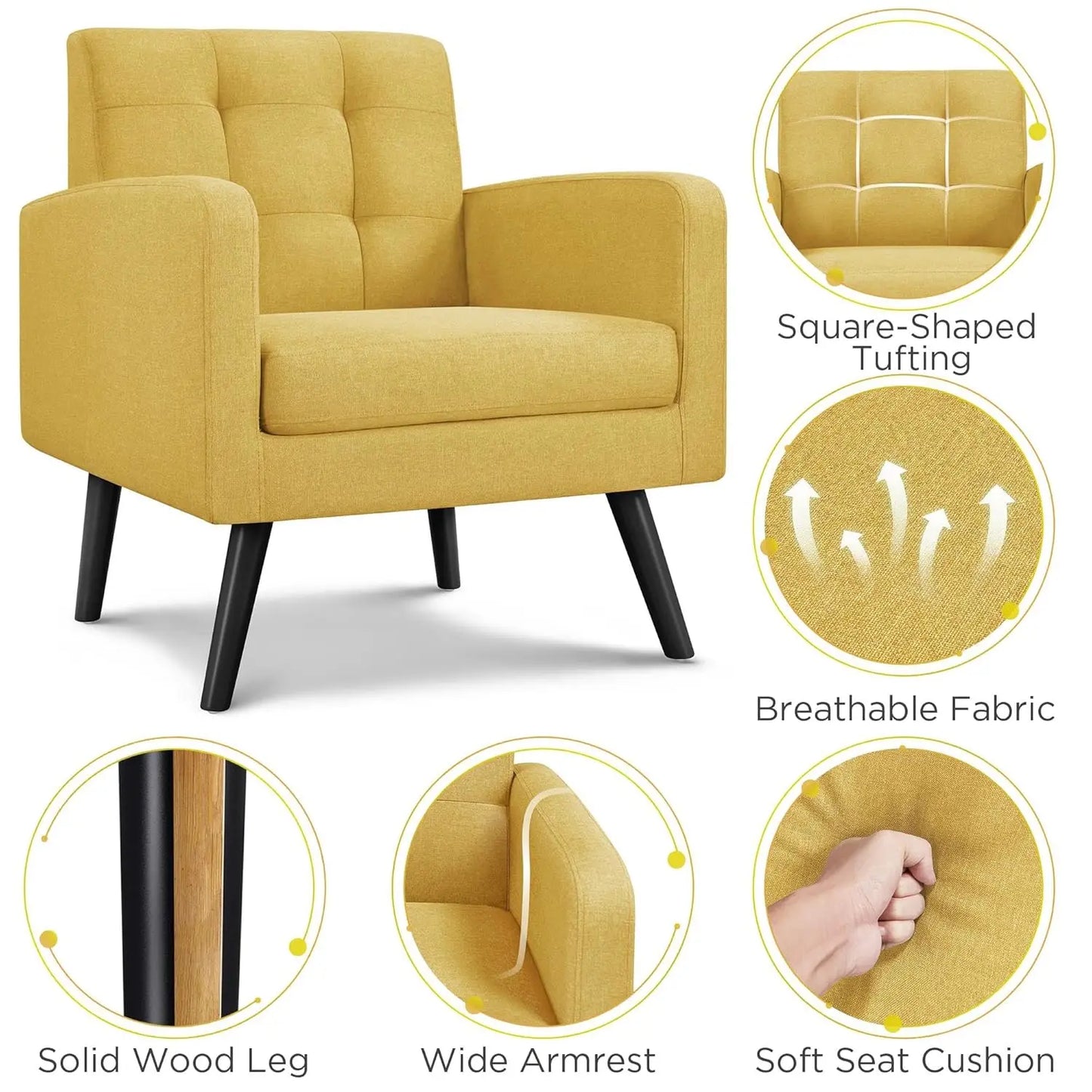 Mid-Century Accent Chairs, Modern Upholstered Living Room Chair, Cozy Armchair Button Tufted Back and Wood Legs for, Customized