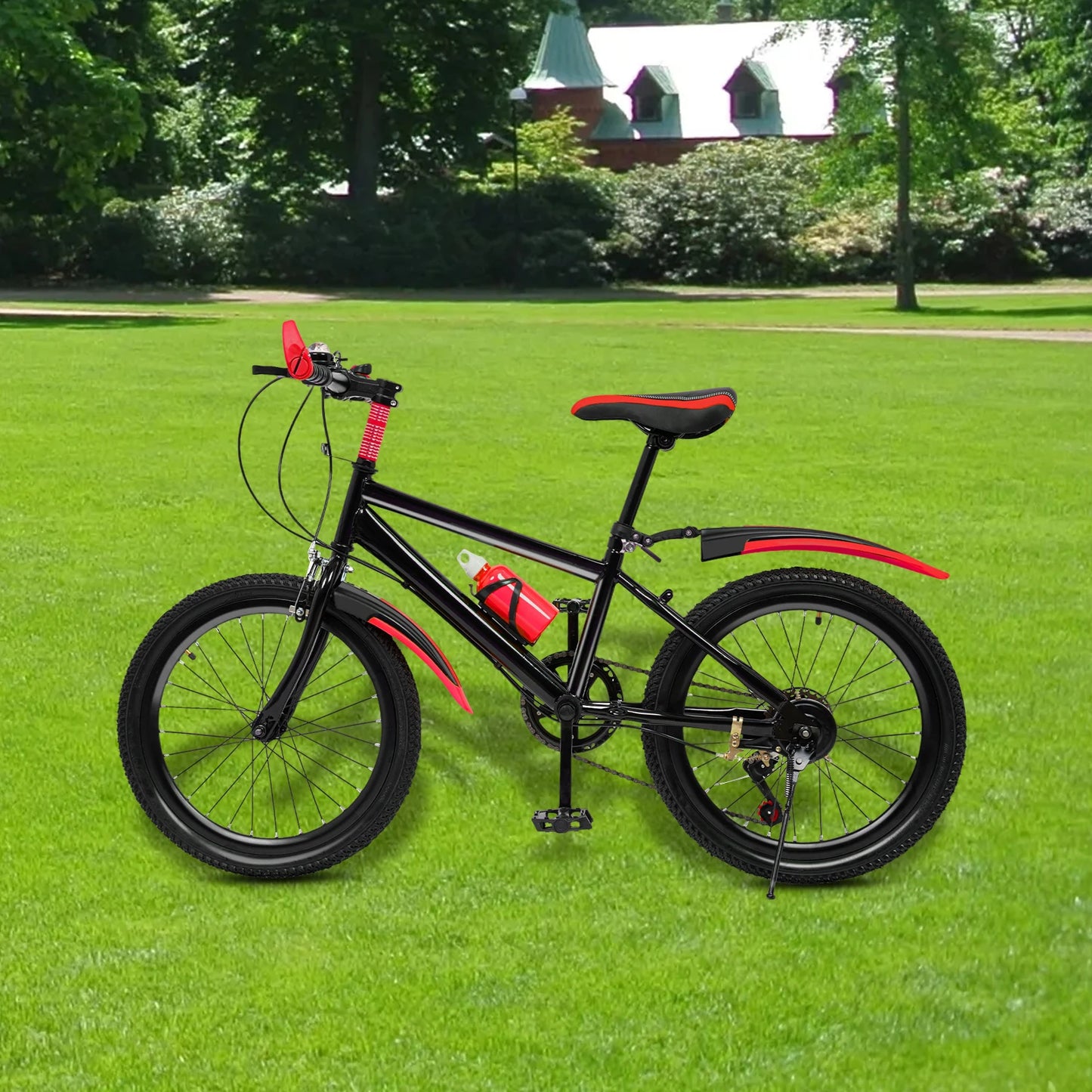 20 Inch Kids Mountain Bike 7 Speed Boys Girls Bicycle Dual Brakes Adjustable Seat 85kg Capacity with Water Bottle Bag for Ages 6-12 Red/Green