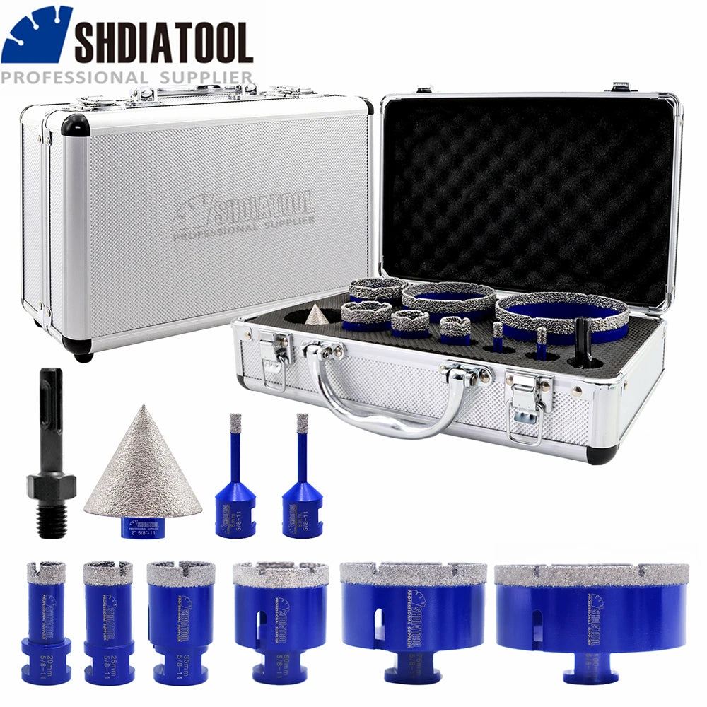 SHDIATOOL 10Pcs Diamond Drilling Bits Set Dia6-100mm Hole Saw Opener+Dia 50mm Bevelling Chamfer Bit+SDS Adapter Tile Granite Kit