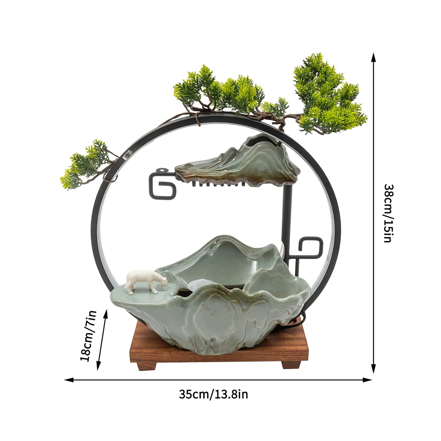 Indoor Tabletop Water Fountain Waterfall Decoration With Mist Rockery Horse Plants LED Quiet For Meditation Feng Shui Home Decor