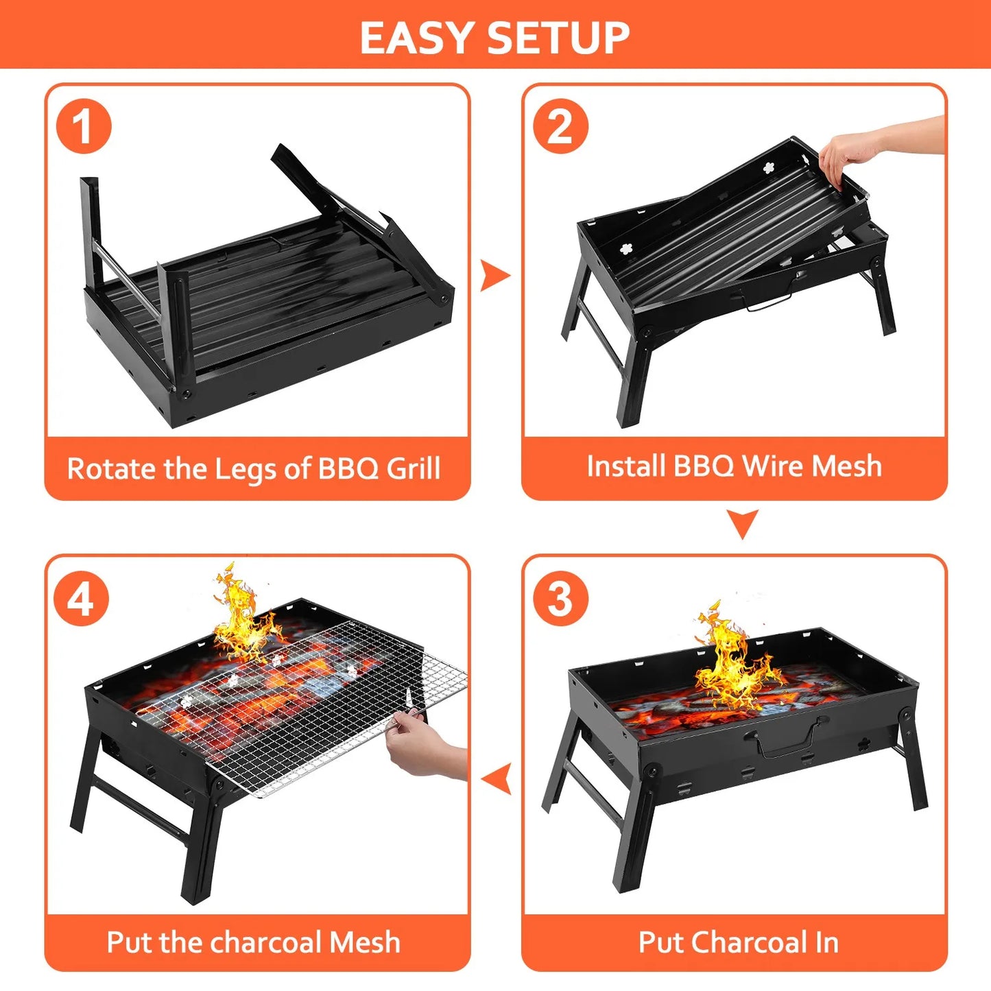 [US Stock] Portable Charcoal BBQ Grill Folding Stainless Steel Barbecue for Outdoor Camping Tailgating Picnic 4-6 People