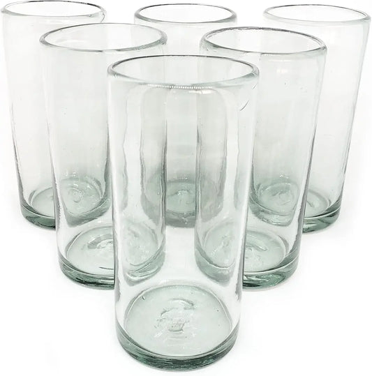 Clear 20 oz Tall Iced Tea Glasses (set of 6), Hand Blown Mexican Glassware, Recycled Glass Drinking Glasses, Lead-Free, Cocktail