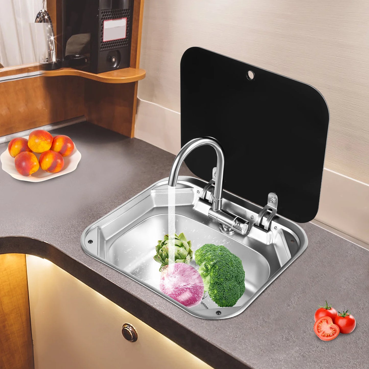 RV Sink with Foldable Tempered Glass Cover&Faucet,Stainless Steel Kitchen Sink Wash Basin Multifunctional Console for Camper Van