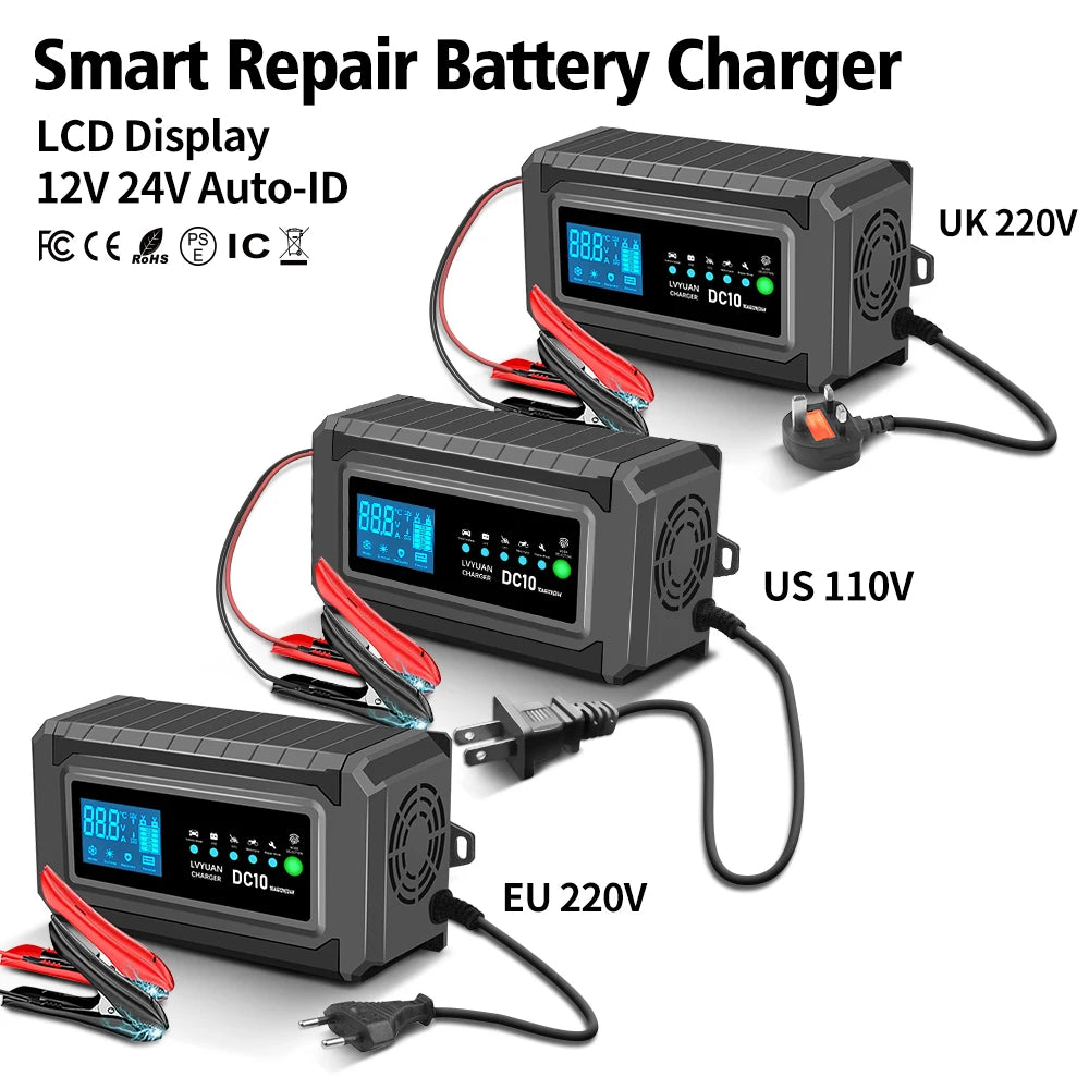LVYUAN Battery Charger 10Amp Current with LCD Display Smart Charging For LiFePO4/battery