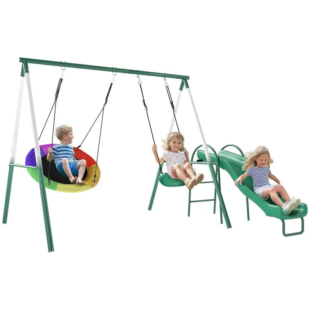 Swing Set for Backyard with Adjustable Seat and Saucer Swing, 5 Slide, Heavy Duty AFrame Metal Stand Outdoor Playground Playset