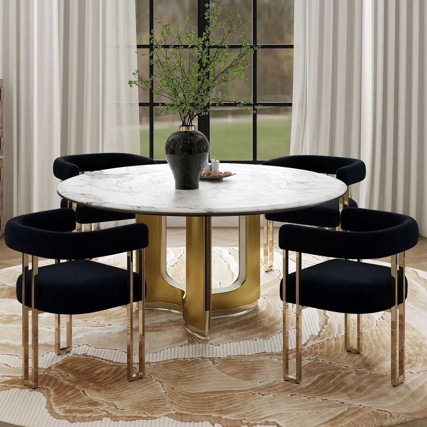 Set of 4 Black and Gold Modern Dining Chairs, Velvet Upholstered Barrel Armchairs with Metal Legs for Kitchen, Customized