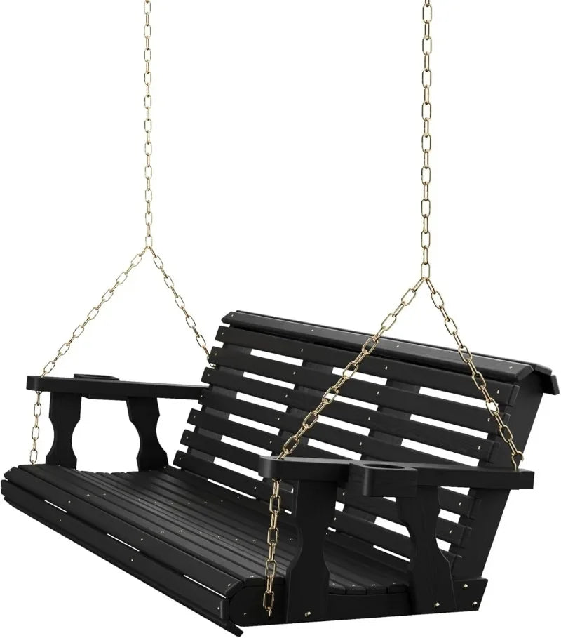 Amish Casual Heavy Duty 700 Lb Capacity Porch Swing with Cup Holders (4 Foot, Cedar Stain) – Wooden Outdoor Roll Back Swing