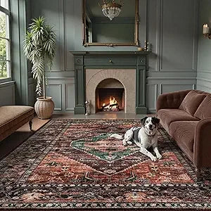 8x10 Ultra-Thin Living Room Rug (Non-Slip Washable Non-Shedding) (Oriental Vintage Distressed Carpet for Dining, Bedroom, Office