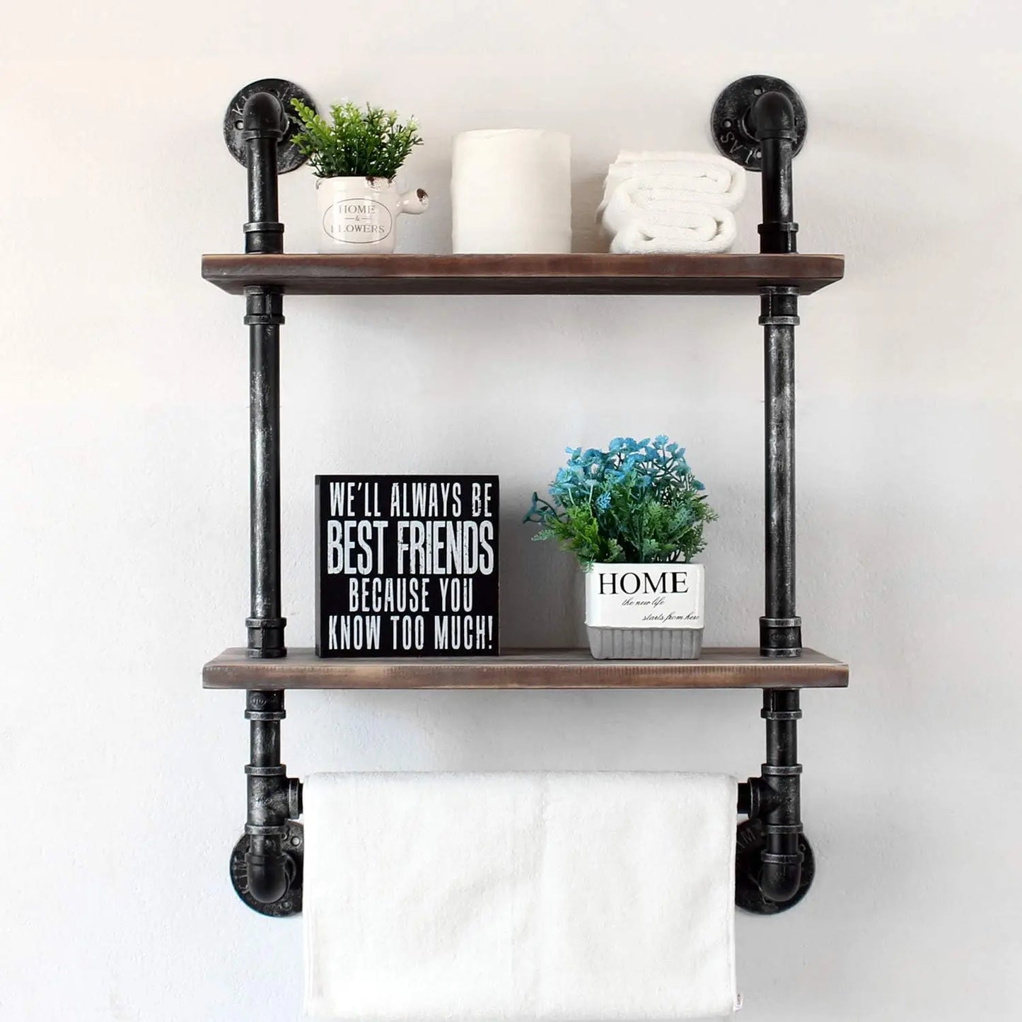 Industrial Pipe Shelf Wall Mounted 2 Tier Rustic Wood Towel Rack Over Toilet Floating Shelves Bathroom Storage