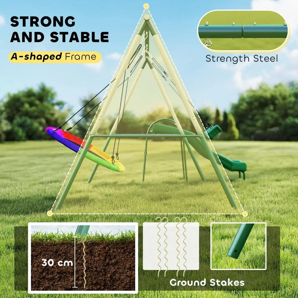 Swing Set for Backyard with Adjustable Seat and Saucer Swing, 5 Slide, Heavy Duty AFrame Metal Stand Outdoor Playground Playset
