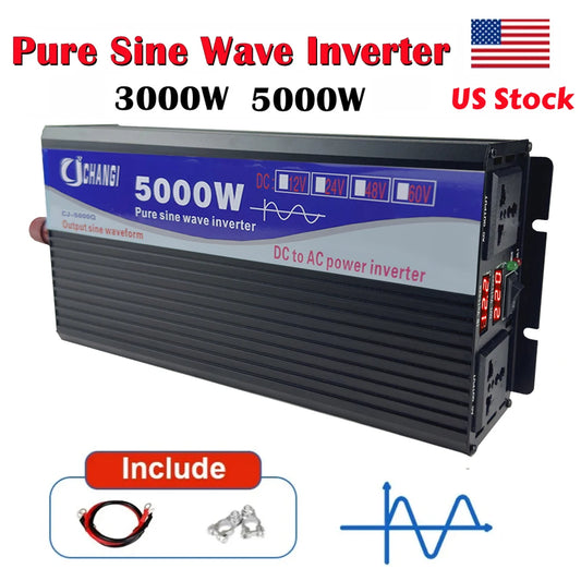 Pure Sine Wave Inverter 3000W 5000W DC 12V 24V 48V 60V 72V to AC 110V Digital Display Converter for Home RV Solar System