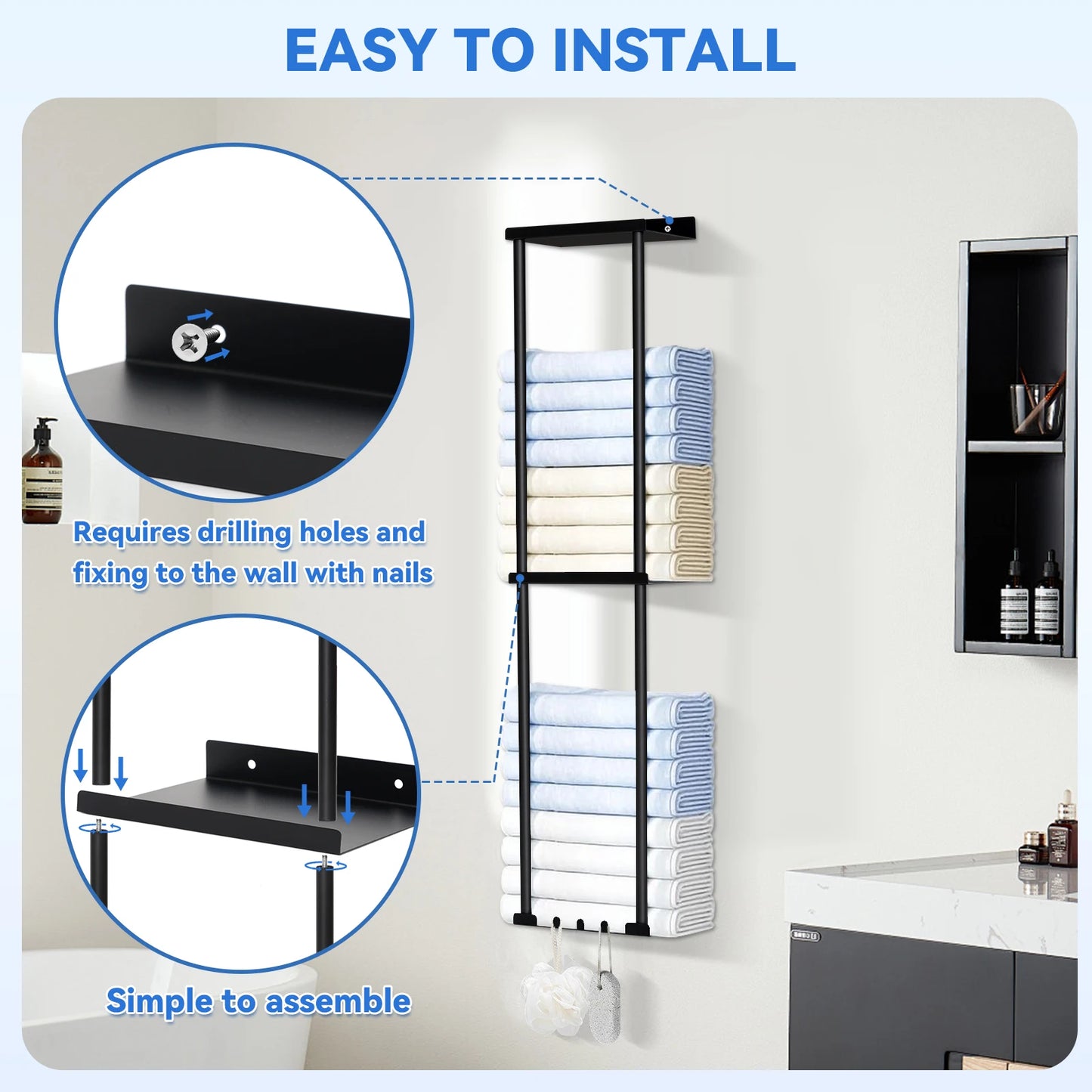 Towel Racks for Bathroom 3 Tier Towel Holder with Shelf & 6 Hooks Wall Mounted Vertical Rolled Towel Storage Organizer Hoder