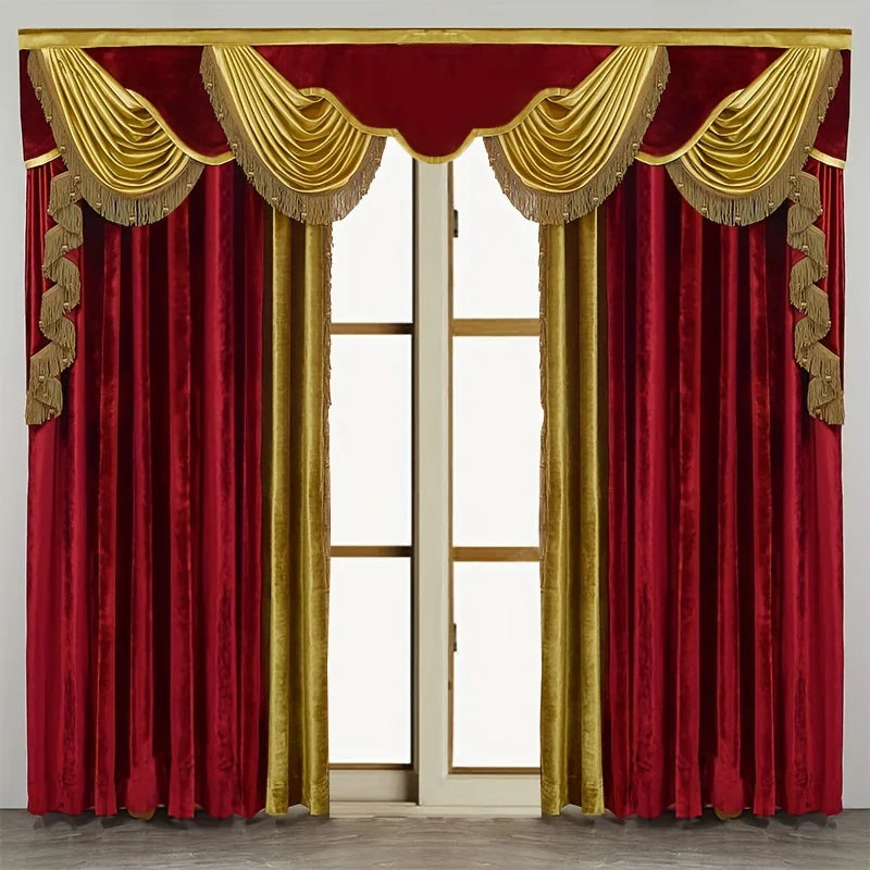 2pcs American style French luxury curtain villa bedroom living room flannel red finished product, without valance