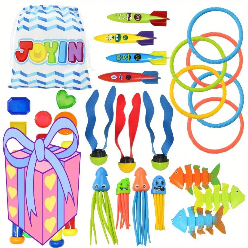 Joyfy 30 Pcs Diving Pool Toys for Kids Jumbo Set with Storage Bag Pool Games Summer Swim Water FishToys Multi-Item Party Favor